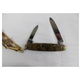 Pocket Watch Fob with Dual-Blade Knife & Chain, Gold Tone