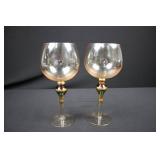 Glass Goblets - Pair With Gold-Tone Stems & Colored Inlays