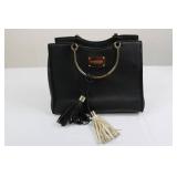 Bebe Los Angeles Handbag - Black Pebbled Leather with Gold Ring Handles & Tassels