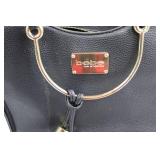 Bebe Los Angeles Handbag - Black Pebbled Leather with Gold Ring Handles & Tassels