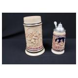 German Hand-Painted Beer Stein Set - 1L Large & Pewter-Lidded Small