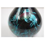 Ceramic Vase - Made in Vietnam, Black Glazed with Teal Floral Design