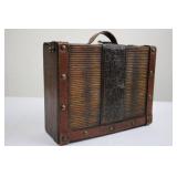 Antique Wooden Travel Case - Leather Trim, Brass Rivets, Embossed Center Panel