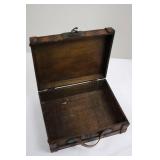 Antique Wooden Travel Case - Leather Trim, Brass Rivets, Embossed Center Panel