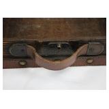 Antique Wooden Travel Case - Leather Trim, Brass Rivets, Embossed Center Panel