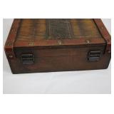 Antique Wooden Travel Case - Leather Trim, Brass Rivets, Embossed Center Panel
