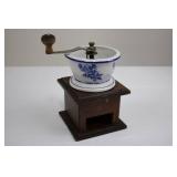 Blue & White Ceramic Coffee Grinder on Wooden Stand - Hand Crank