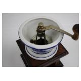 Blue & White Ceramic Coffee Grinder on Wooden Stand - Hand Crank