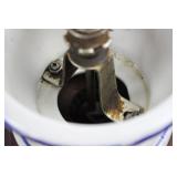 Blue & White Ceramic Coffee Grinder on Wooden Stand - Hand Crank