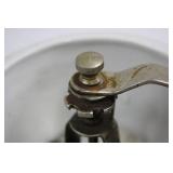 Blue & White Ceramic Coffee Grinder on Wooden Stand - Hand Crank