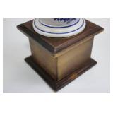 Blue & White Ceramic Coffee Grinder on Wooden Stand - Hand Crank