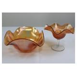 Amber Iridescent Carnival Glass Compote & Pedestal Goblet (2-Piece Set)