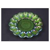 Green Iridescent Carnival Glass Plate with Petal Border