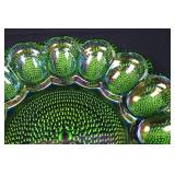 Green Iridescent Carnival Glass Plate with Petal Border