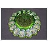 Green Iridescent Carnival Glass Plate with Petal Border