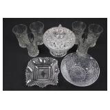 Crystal Cut Glassware Set - Diamond Pattern Sugar Bowl with Lid, Bowls & Glasses