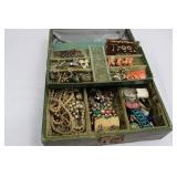 Green Metal Jewelry Box with Compartments - Assorted Costume Jewelry