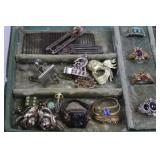 Green Metal Jewelry Box with Compartments - Assorted Costume Jewelry