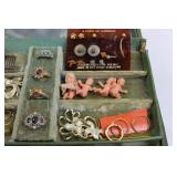 Green Metal Jewelry Box with Compartments - Assorted Costume Jewelry