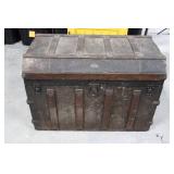 Antique Iron-Banded Steamer Trunk - Ornate Hardware, Dark Patina, Vintage Metal Chest