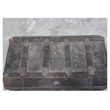 Antique Iron-Banded Steamer Trunk - Ornate Hardware, Dark Patina, Vintage Metal Chest