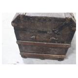Antique Iron-Banded Steamer Trunk - Ornate Hardware, Dark Patina, Vintage Metal Chest