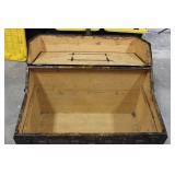 Antique Iron-Banded Steamer Trunk - Ornate Hardware, Dark Patina, Vintage Metal Chest