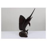 Fish Wood Carving Sculpture on Wooden Base - Hand Carved Ocean Fish with Dramatic Leap