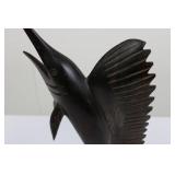 Fish Wood Carving Sculpture on Wooden Base - Hand Carved Ocean Fish with Dramatic Leap