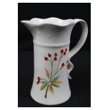White Ceramic Pitcher with Red Berry Hand-Painted Motif, Scalloped Rim