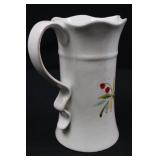 White Ceramic Pitcher with Red Berry Hand-Painted Motif, Scalloped Rim