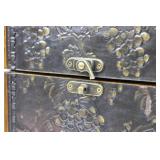 Vintage Grapevine-Embossed Wood Jewelry Box with Metal Panels & Dual Compartments