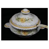 Porcelain Lidded Soup Tureen with Yellow Floral Pattern - 11 Inch Diameter