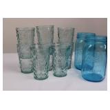 Ball Blue Wide Mouth Mason Jars (2) & 6 Pressed Glass Tumblers