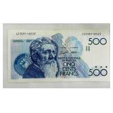 Belgian 500 Francs Banknote - National Bank of Belgium - CINQ CENTS FRANCS