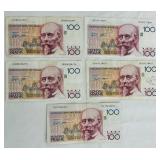 Belgian 100 Franc Banknotes (Cent Francs) - Lot of 5