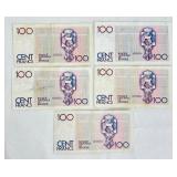 Belgian 100 Franc Banknotes (Cent Francs) - Lot of 5