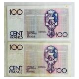 Belgian 100 Franc Banknotes (Cent Francs) - Lot of 5