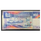 Singapore 50 Dollar Banknote - Collectible Currency Note with Ship & Bridge Design