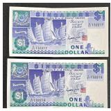 Singapore Banknotes - 2x $1 & 2x $5 Singapore Dollars