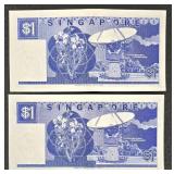Singapore Banknotes - 2x $1 & 2x $5 Singapore Dollars