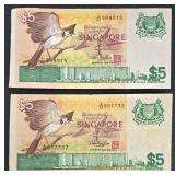 Singapore Banknotes - 2x $1 & 2x $5 Singapore Dollars