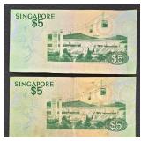 Singapore Banknotes - 2x $1 & 2x $5 Singapore Dollars