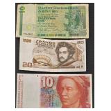 Austrian 20 Schilling Banknote - Hong Kong 10 Dollar Banknote - Swiss 10 Franc Banknote