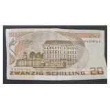 Austrian 20 Schilling Banknote - Hong Kong 10 Dollar Banknote - Swiss 10 Franc Banknote