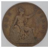 George V 1913 One Penny Coin - UK Bronze, Britannia Reverse
