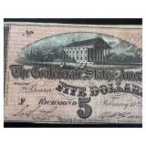 Confederate States of America Five Dollar Note - February 11, 1864, Richmond