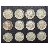 Buffalo Nickels 12-Coin Lot - Dates include 1927, 1928, 1936, 1937