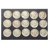 Buffalo Nickels - 15 Coins, 1926, 1927, 1930, 1934, 1936