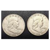 Two 1950 Benjamin Franklin Half Dollars - 90% Silver, Denver (D) Mint Mark